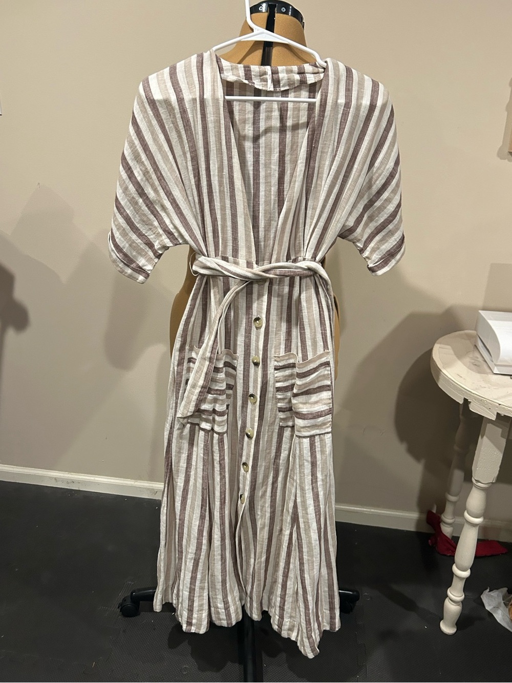 Free People Striped Button-Front Midi Dress in Taupe & White- Size XS